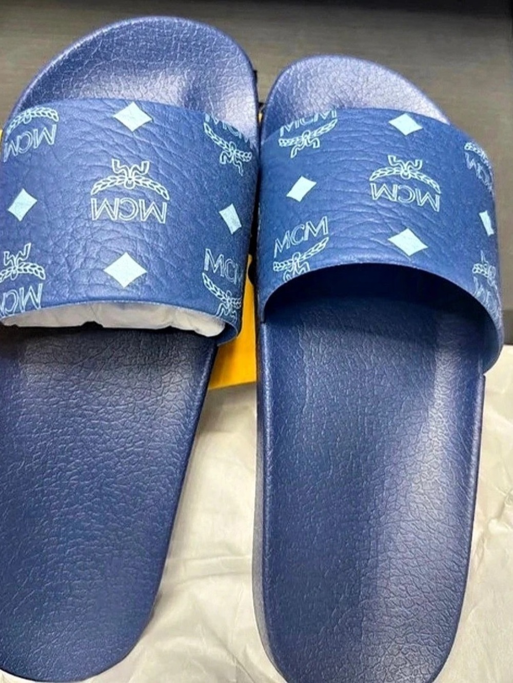 MCM Visetos Monogram Slide Sandals Blue